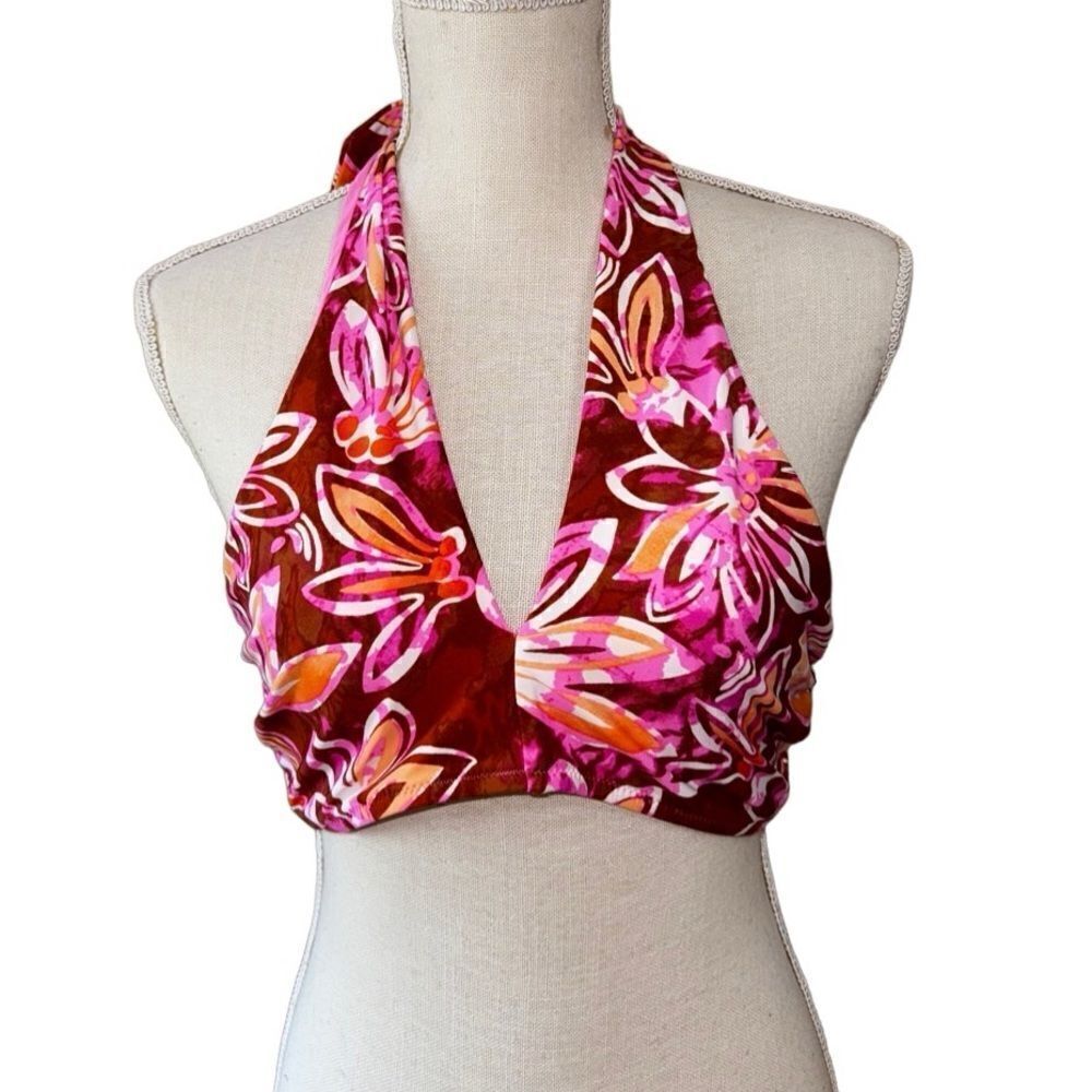 Aerie Halter Strap Style Tropical Bikni Top Pink Orange Floral Size Medium